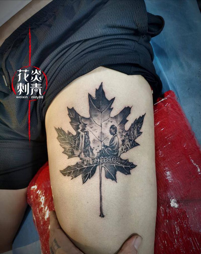 一叶菩提纹身图片_腿部新传统佛纹身图案