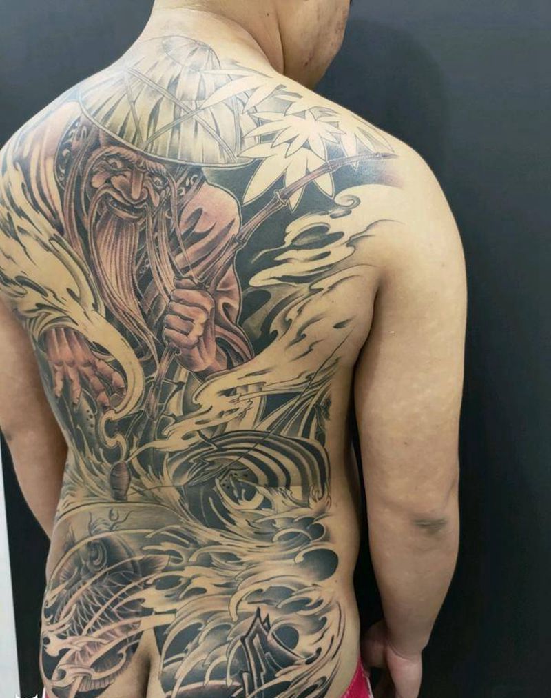 姜太公钓鱼纹身图片_背部纹身图案