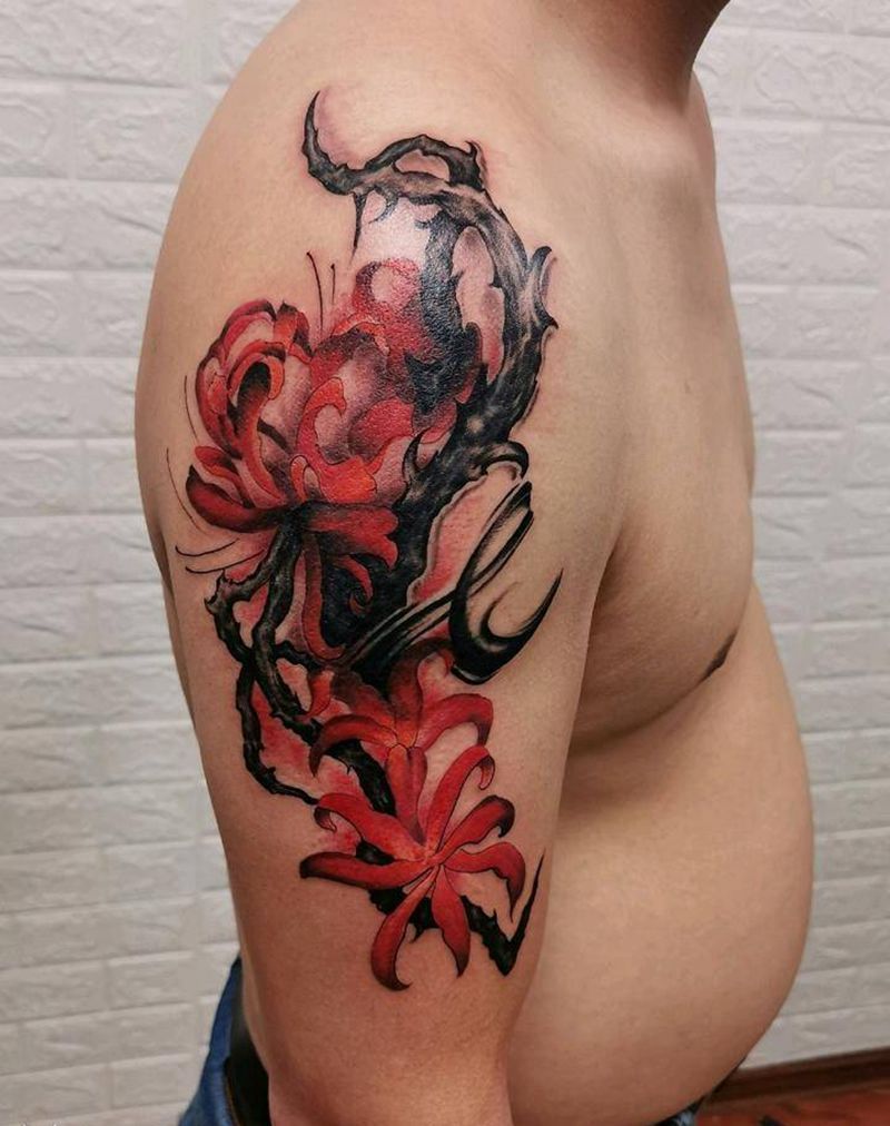 彼岸花遮盖纹身图片_手臂水墨彼岸花纹身图案