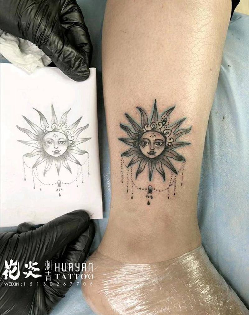 太阳神纹身图片_腿部几何太阳纹身图案