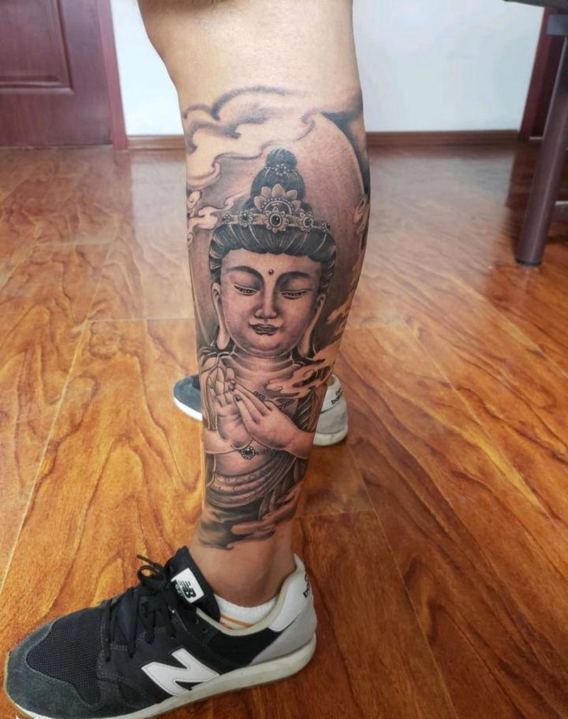 佛像包小腿纹身图片_腿部新传统佛像 神兽纹身图案