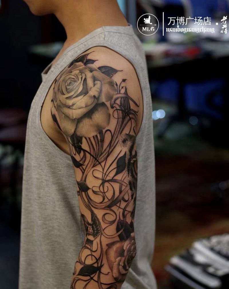 心有猛虎细嗅蔷薇纹身图片_成品手臂欧美写实人物动物植物原创纹身图案