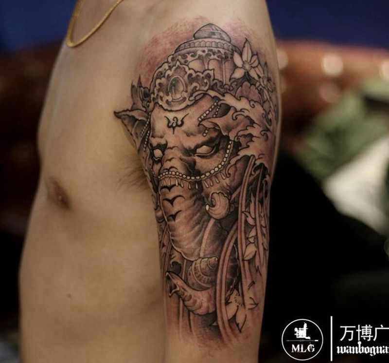 大臂象神纹身图片_成品手臂传统动物宗教鬼神纹身图案