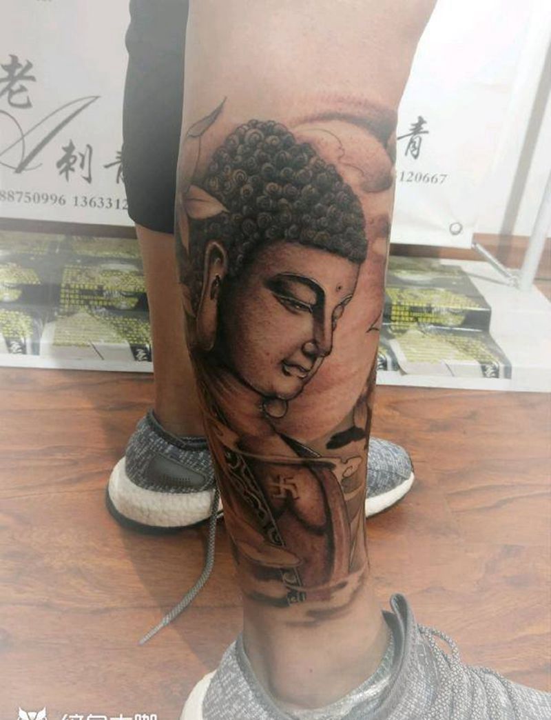 佛像纹身图片_腿部传统人物宗教成品纹身图案