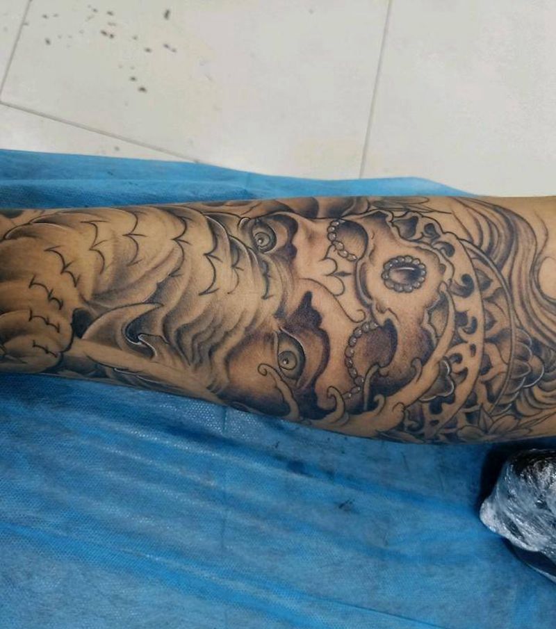 象神降魔杵纹身图片_腿部纹身图案