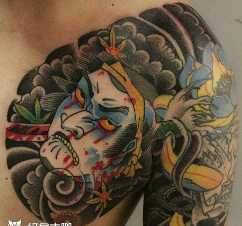 日本武士纹身图片_肩部新传统老传统纹身图案