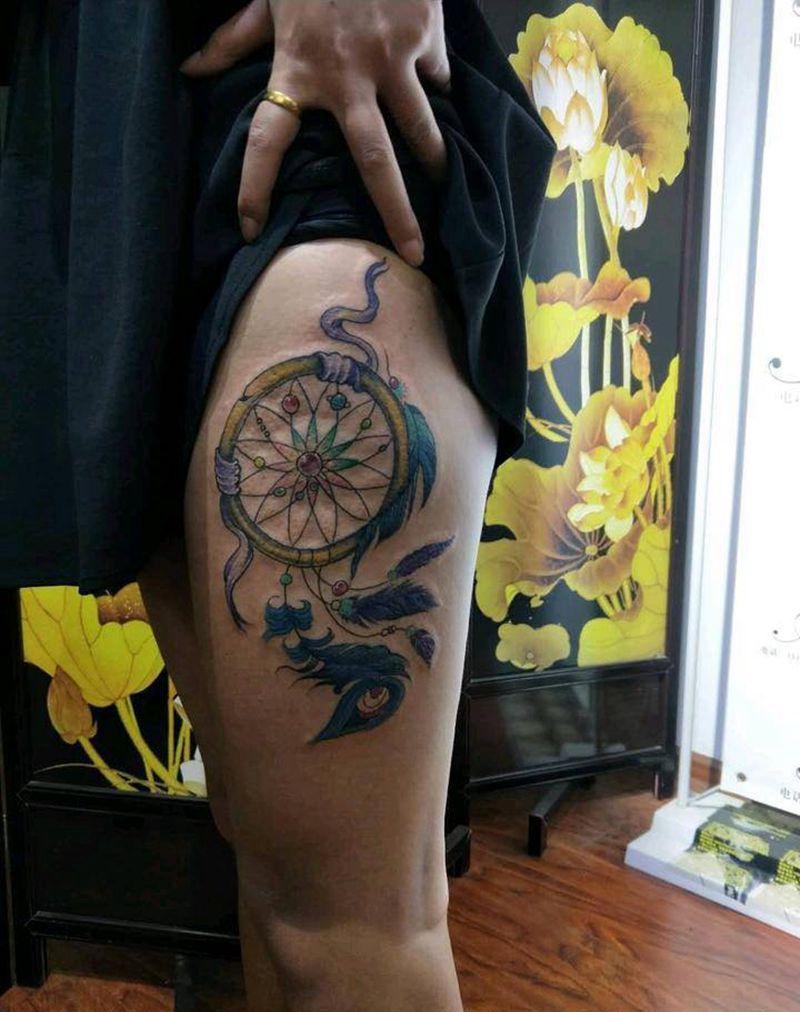 捕梦网纹身图片_腿部新传统Old School纹身图案