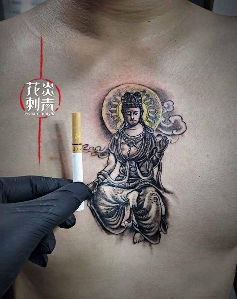 菩萨纹身图片_胸部新传统佛纹身图案