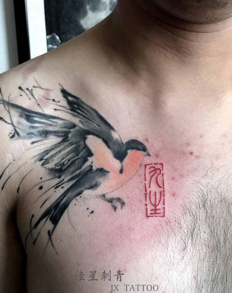 恢复一年多的燕子，加个戳纹身图片_胸部水墨纹身图案