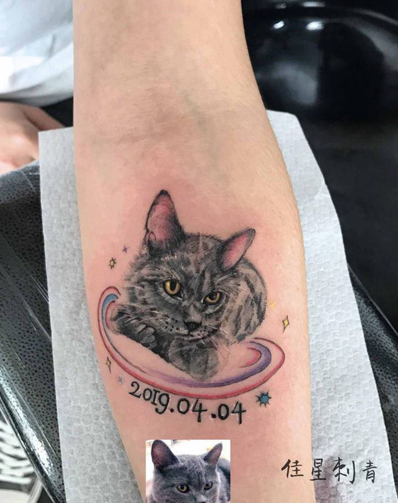 纪念猫咪纹身图片_手臂纹身图案