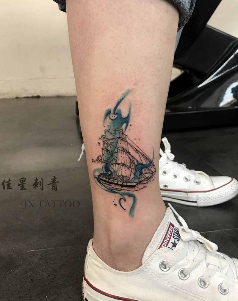 一帆风顺纹身图片_腿部纹身图案