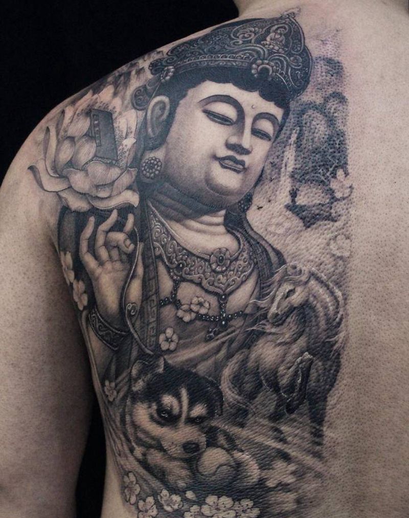 文殊菩萨纹身图片_背部肩部菩萨佛像九州刺青纹身图案