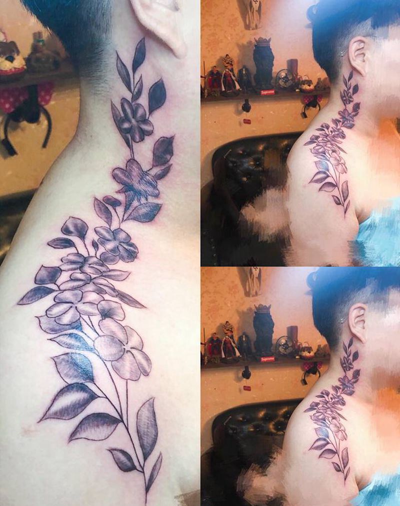 素花纹身图片_肩部颈部纹身图案