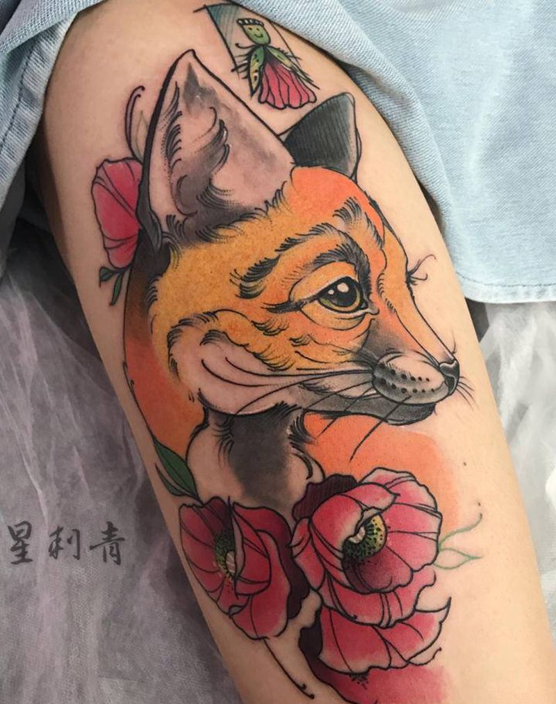 狐狸纹身图片_腿部New School纹身图案