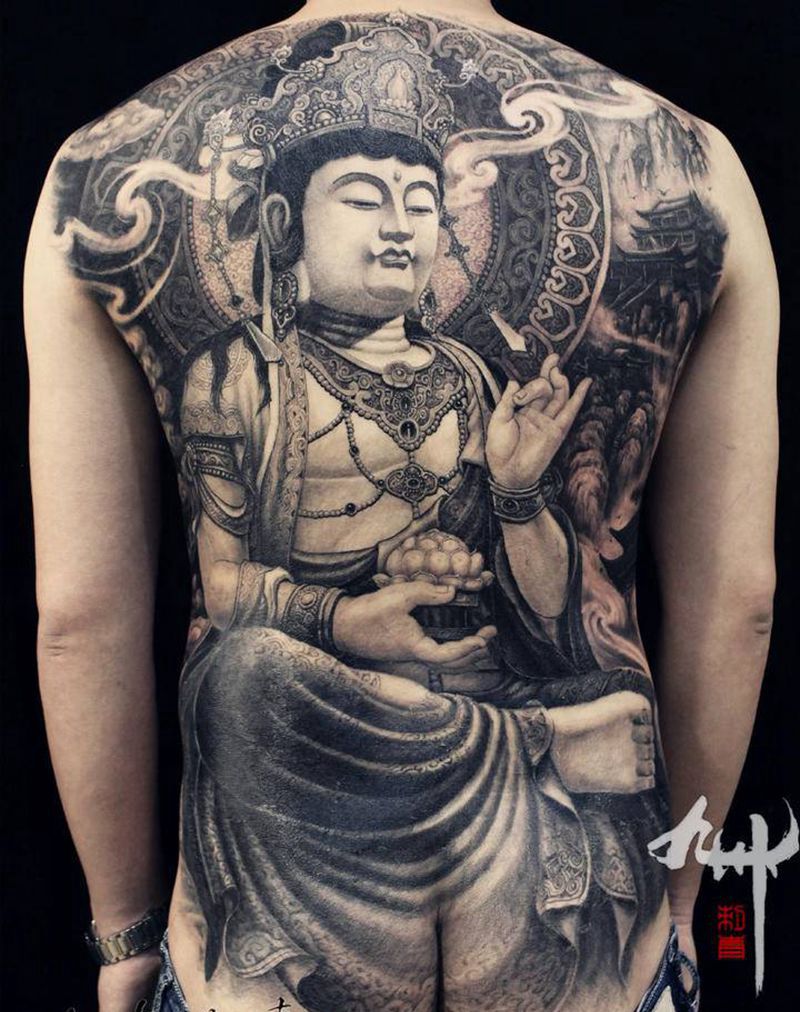 大势至菩萨纹身图片_背部佛菩萨九州刺青纹身图案