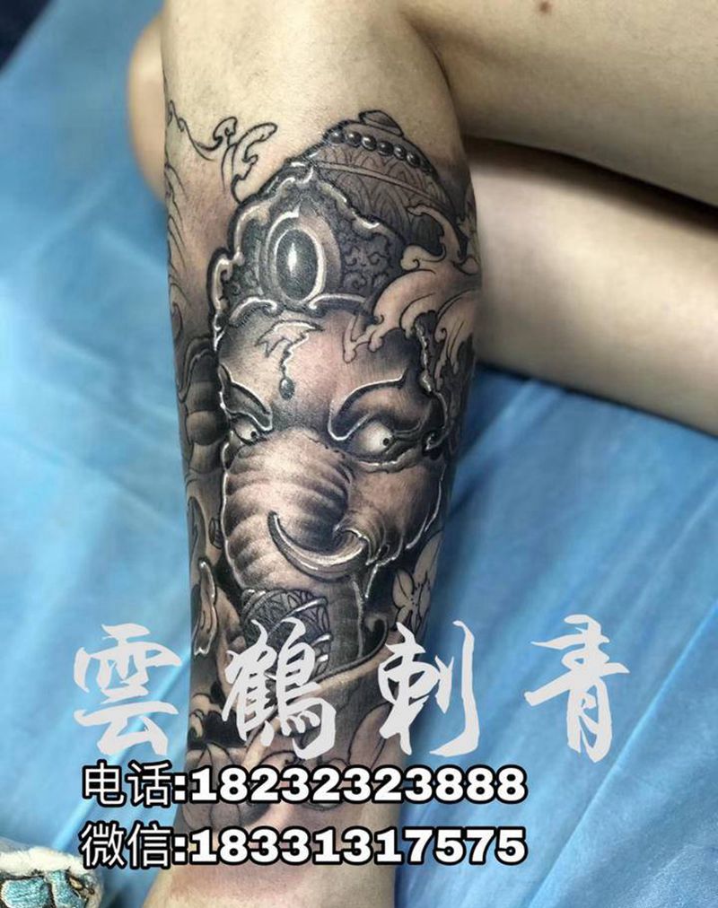 象神纹身图片_腿部新传统纹身图案