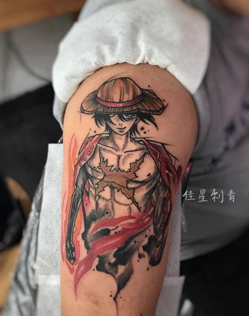 今日份路飞纹身图片_手臂水彩纹身图案