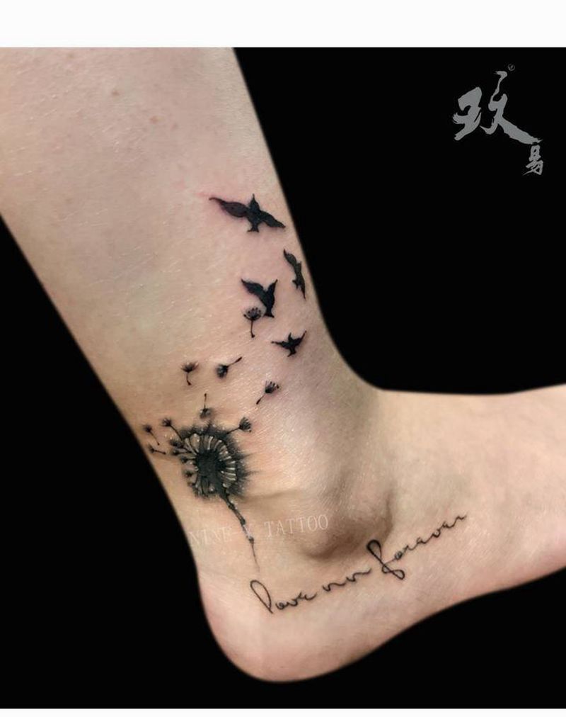 蒲公英纹身图片_腿部水墨纹身图案