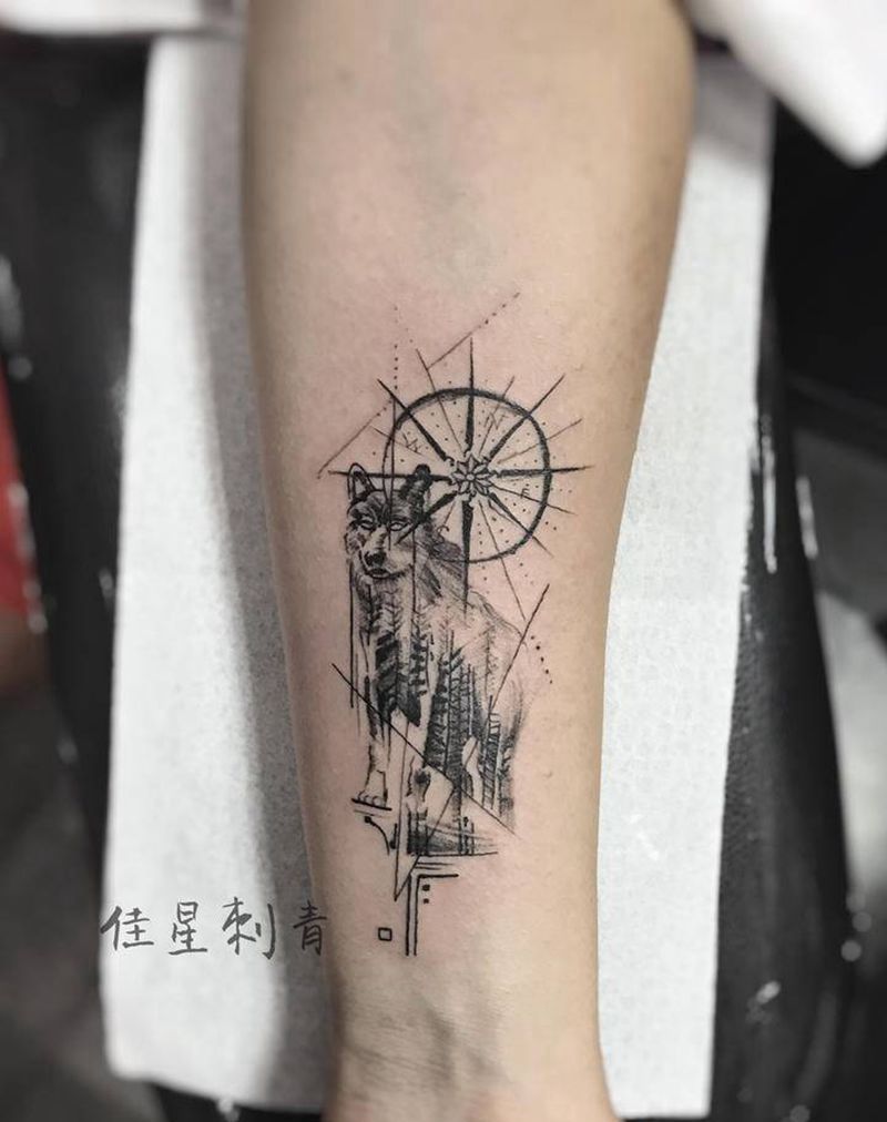 今日工纹身图片_手臂几何点刺狼纹身图案