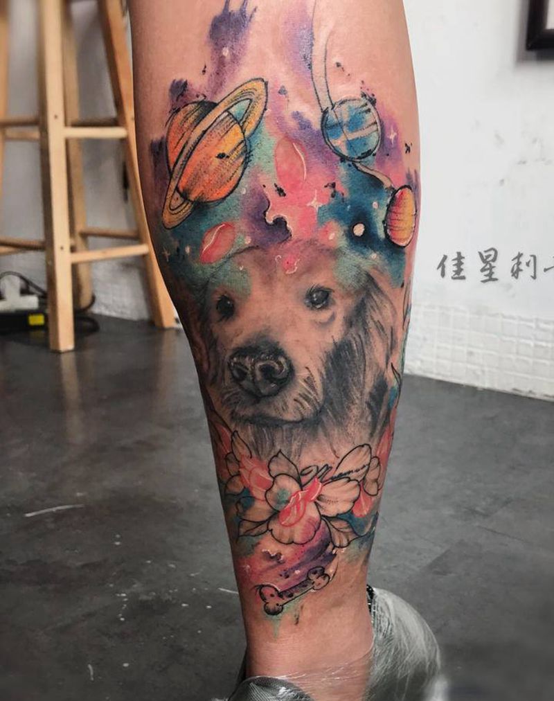 添加纹身图片_腿部水墨水彩纹身图案