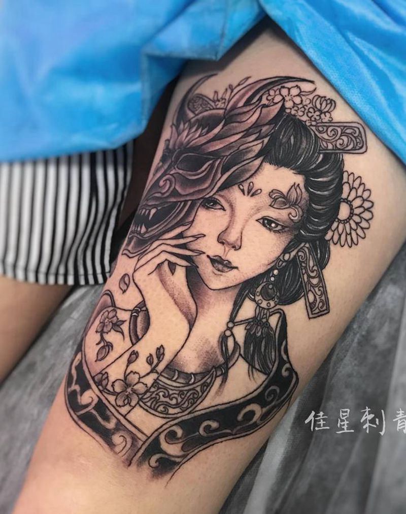 遮盖未完纹身图片_腿部新传统艺妓纹身图案