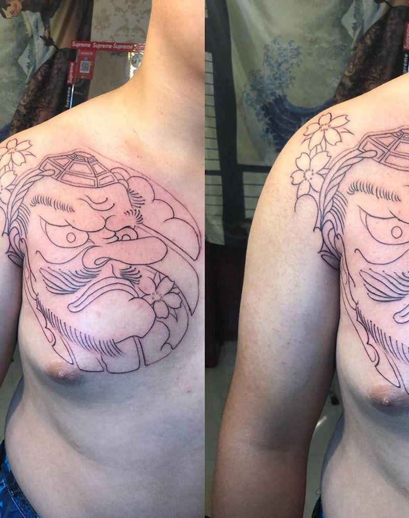 日式走线纹身图片_胸部老传统纹身图案