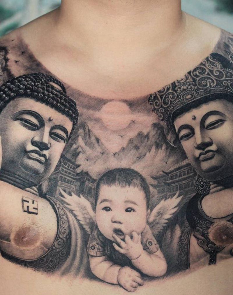 守护天使纹身图片_胸部新传统欧美写实原创纹身图案