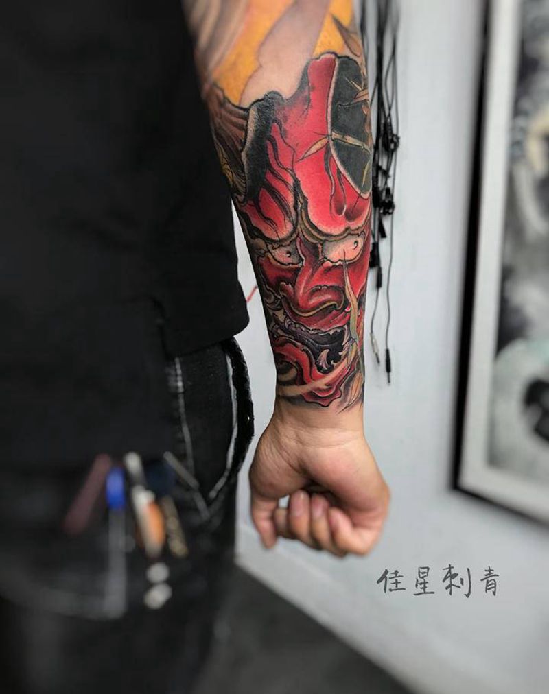 花臂一角纹身图片_手臂新传统般若纹身图案