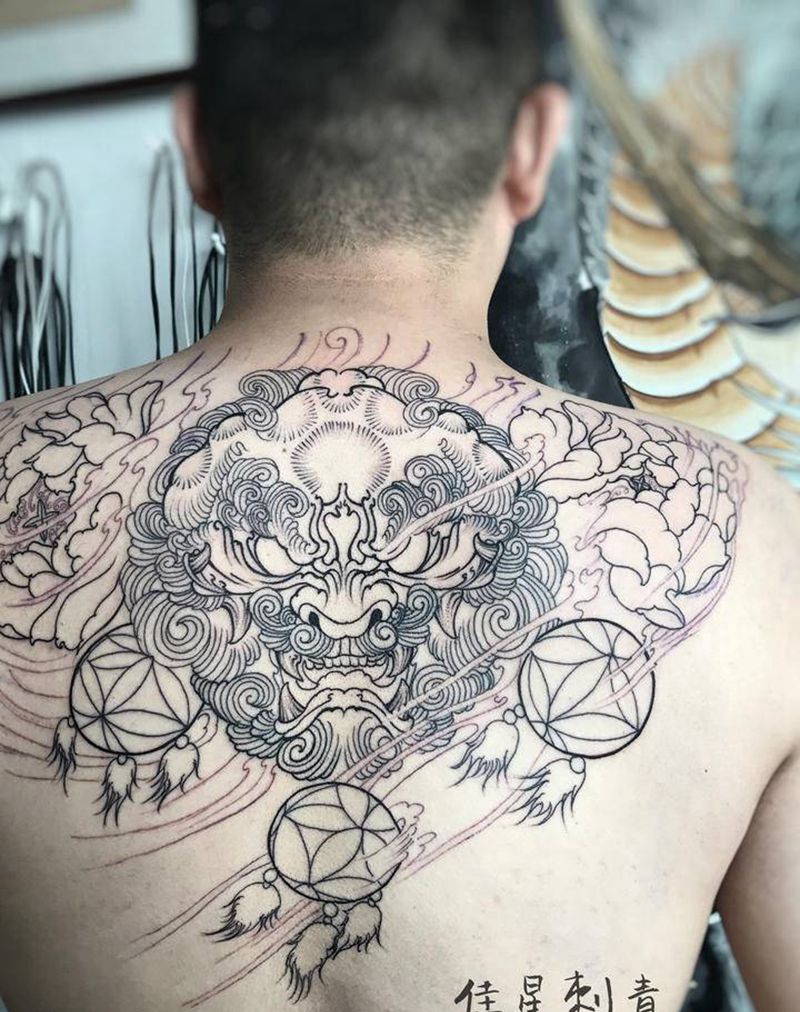 未完纹身图片_背部新传统唐狮子纹身图案