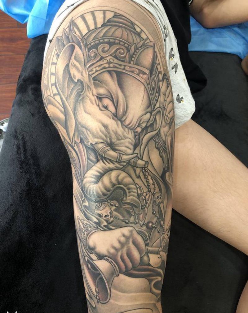 象神纹身图片_腿部新传统纹身图案