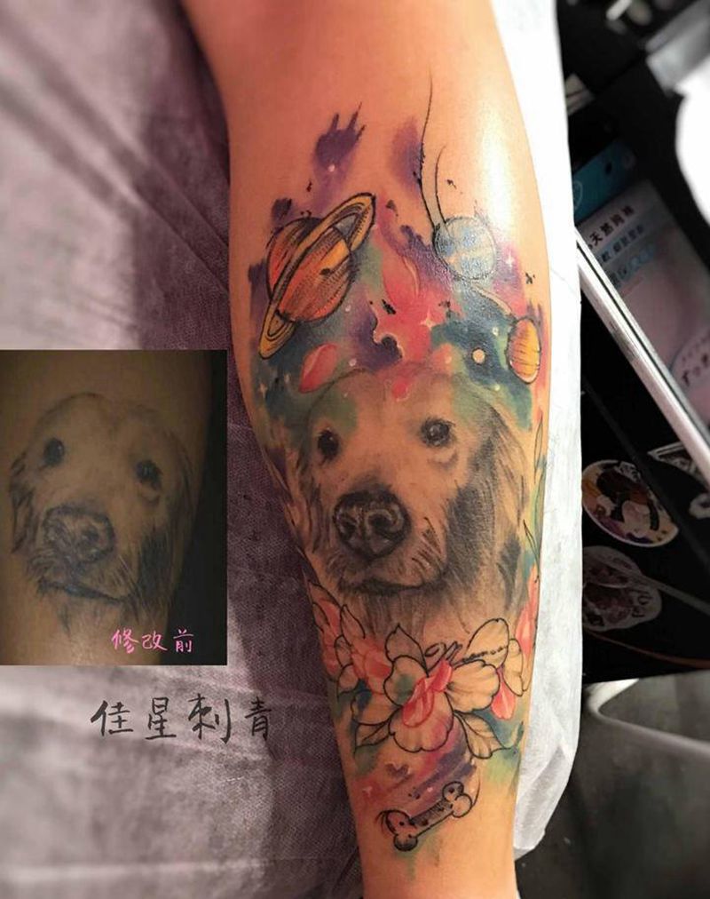 修改 添加 恢复后纹身图片_腿部水彩金毛狗狗纹身图案