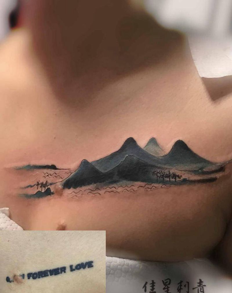 遮盖纹身图片_胸部手臂水墨纹身图案