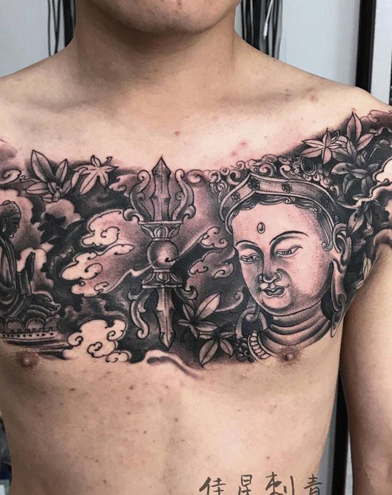 花胸纹身图片_胸部新传统佛纹身图案