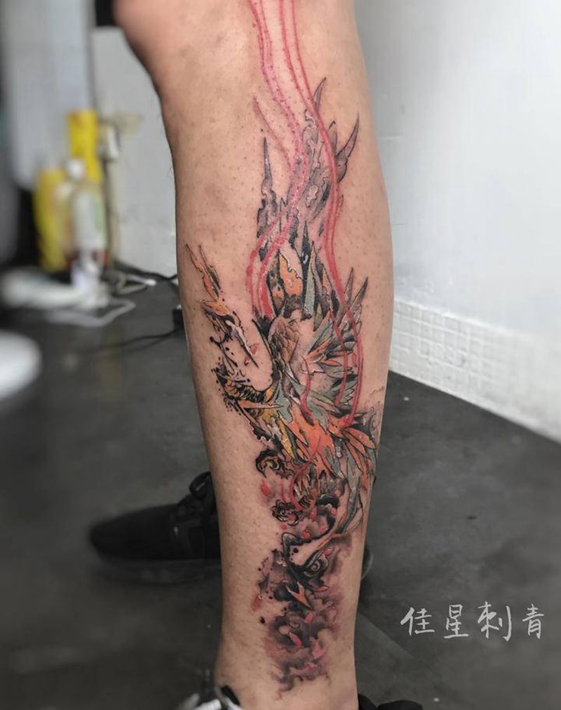 完成✅纹身图片_腿部水墨纹身图案