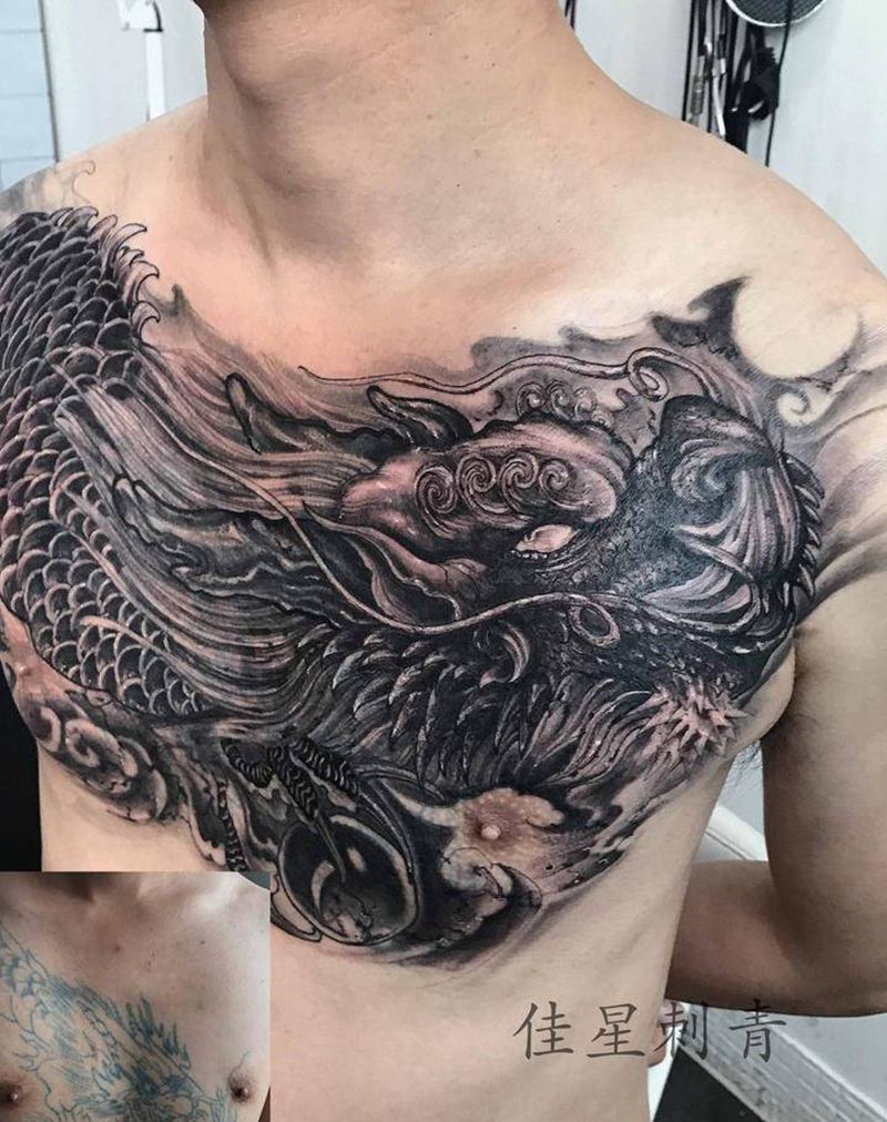 遮盖纹身图片_胸部龙纹身图案