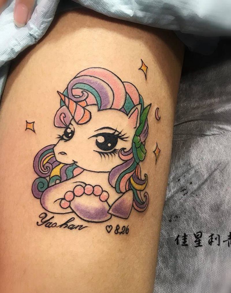 独角兽纹身图片_腿部New School独角兽纹身图案