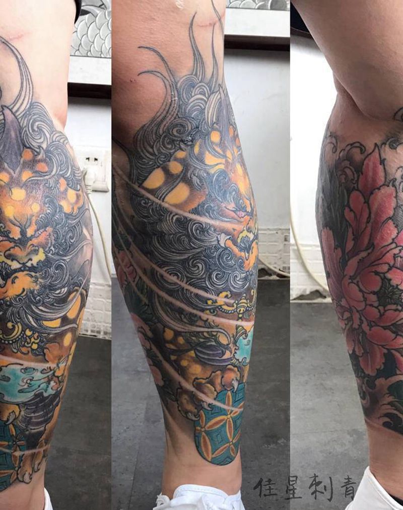 作品恢复后纹身图片_腿部新传统谛听纹身图案