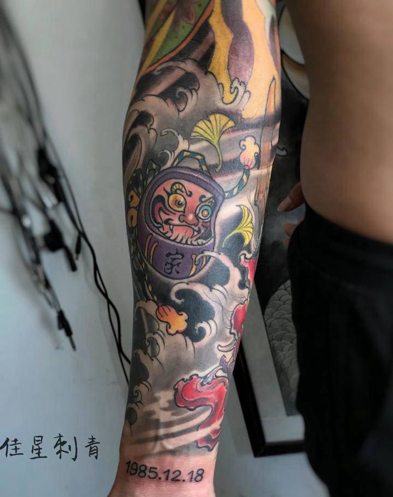 小达摩纹身图片_手臂新传统纹身图案