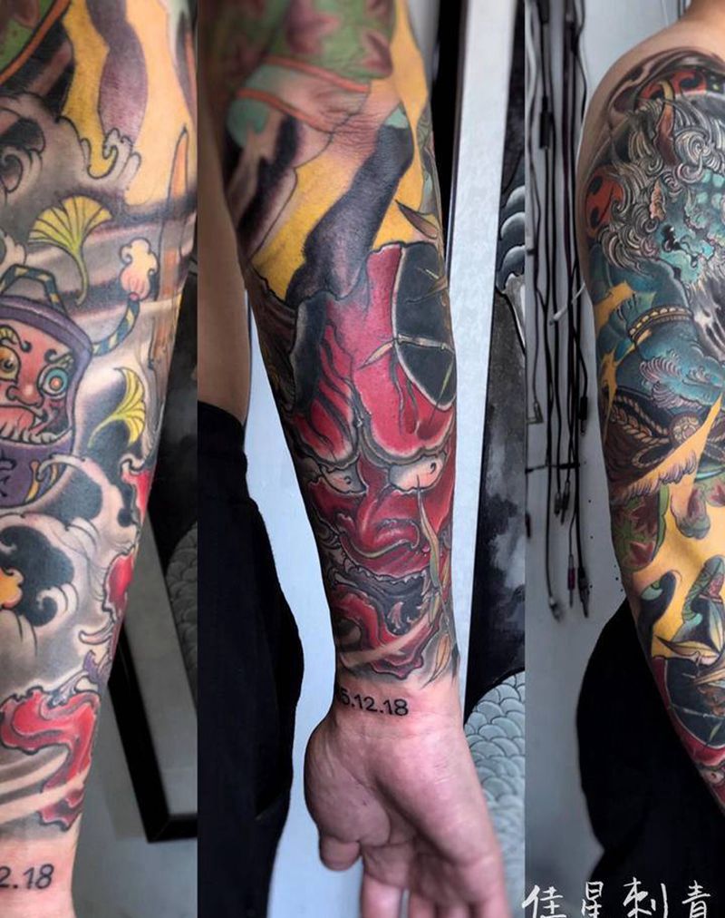 花臂遮盖纹身图片_手臂新传统纹身图案