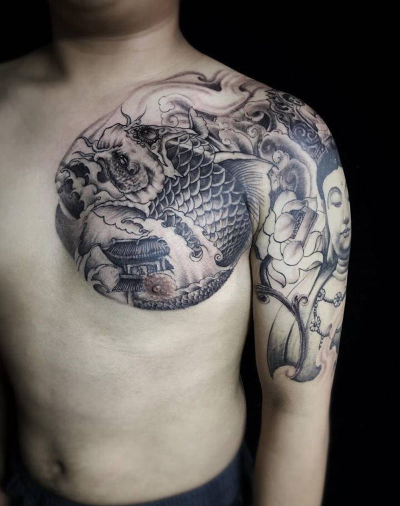 鲤鱼，锦鲤，佛纹身图片_新传统纹身图案