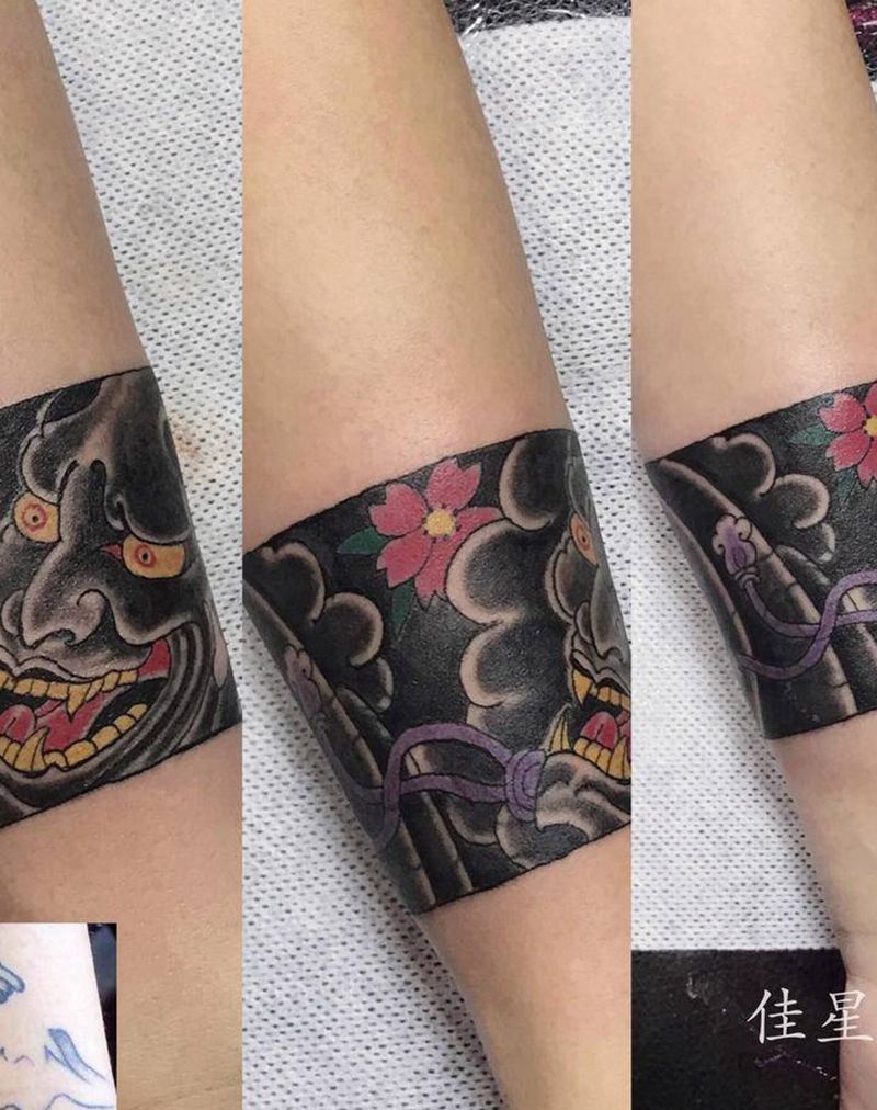 遮盖纹身图片_手臂老传统般若纹身图案