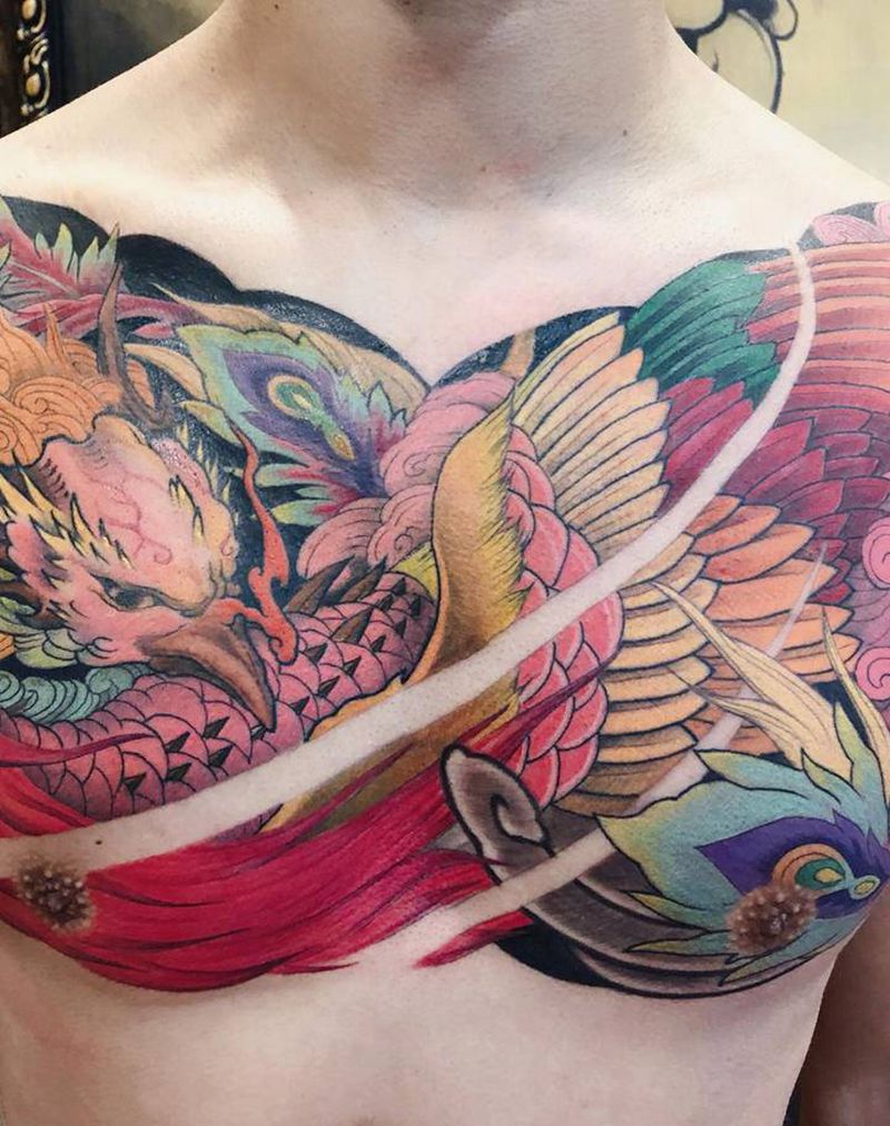 凤凰纹身图片_胸部新传统纹身图案