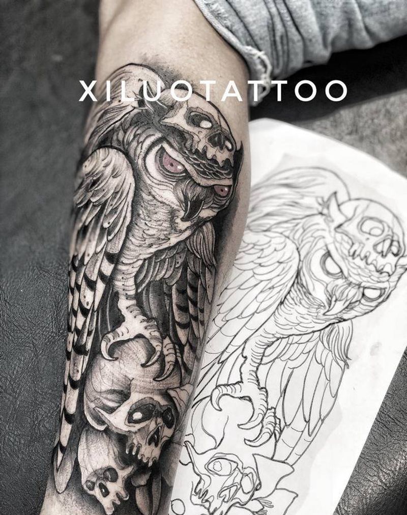 暗黑风格 猫头鹰纹身图片_腿部纹身图案
