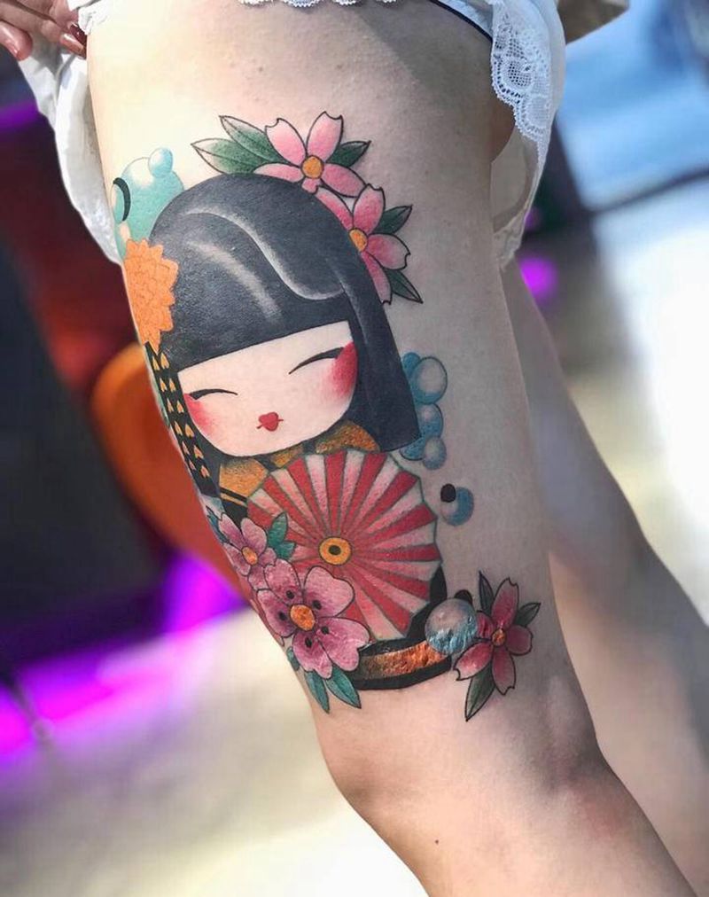 艺妓娃娃纹身图片_腿部纹身图案