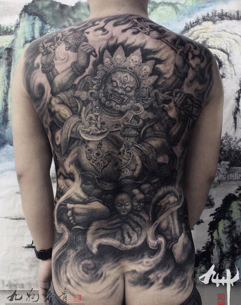 大黑天纹身图片_背部原创纹身图案