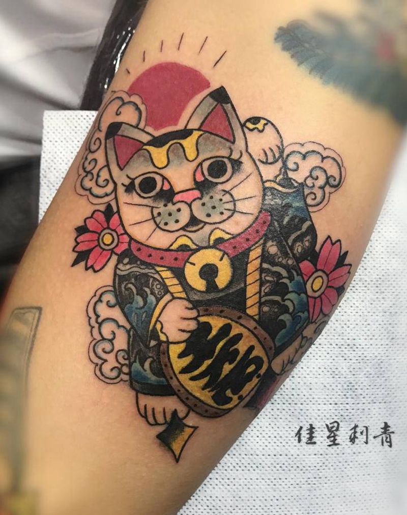 猫纹身图片_手臂Old School纹身图案