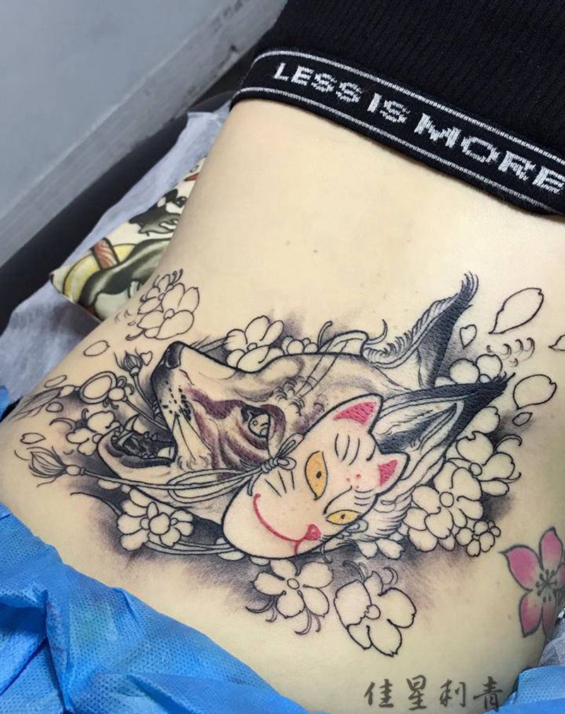 未完纹身图片_腰部新传统狐狸纹身图案