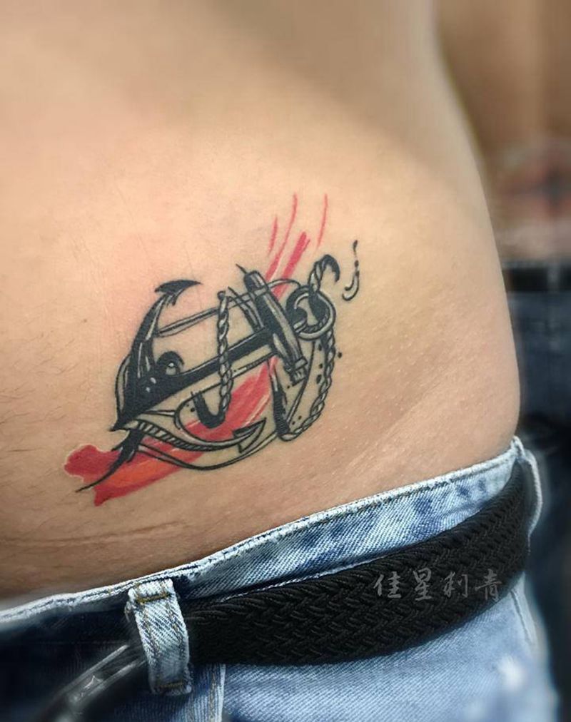 恢复后纹身图片_腹部水彩船锚纹身图案