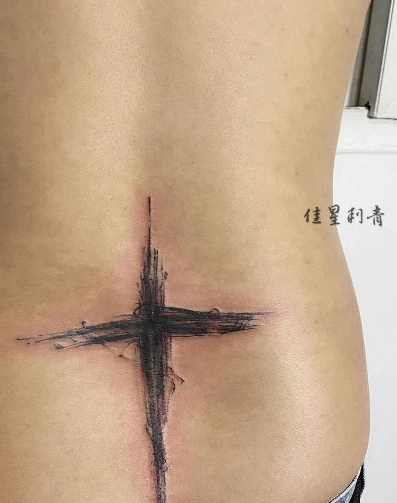 十字架纹身图片_腰部几何点刺纹身图案