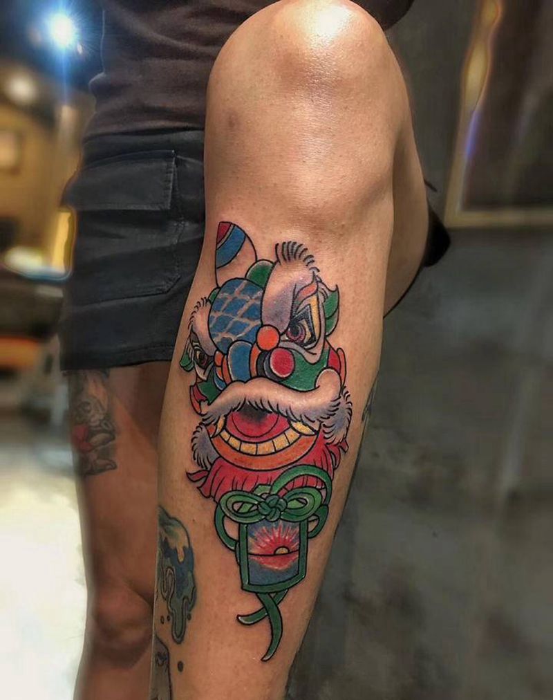 唐狮纹身图片_腿部纹身图案